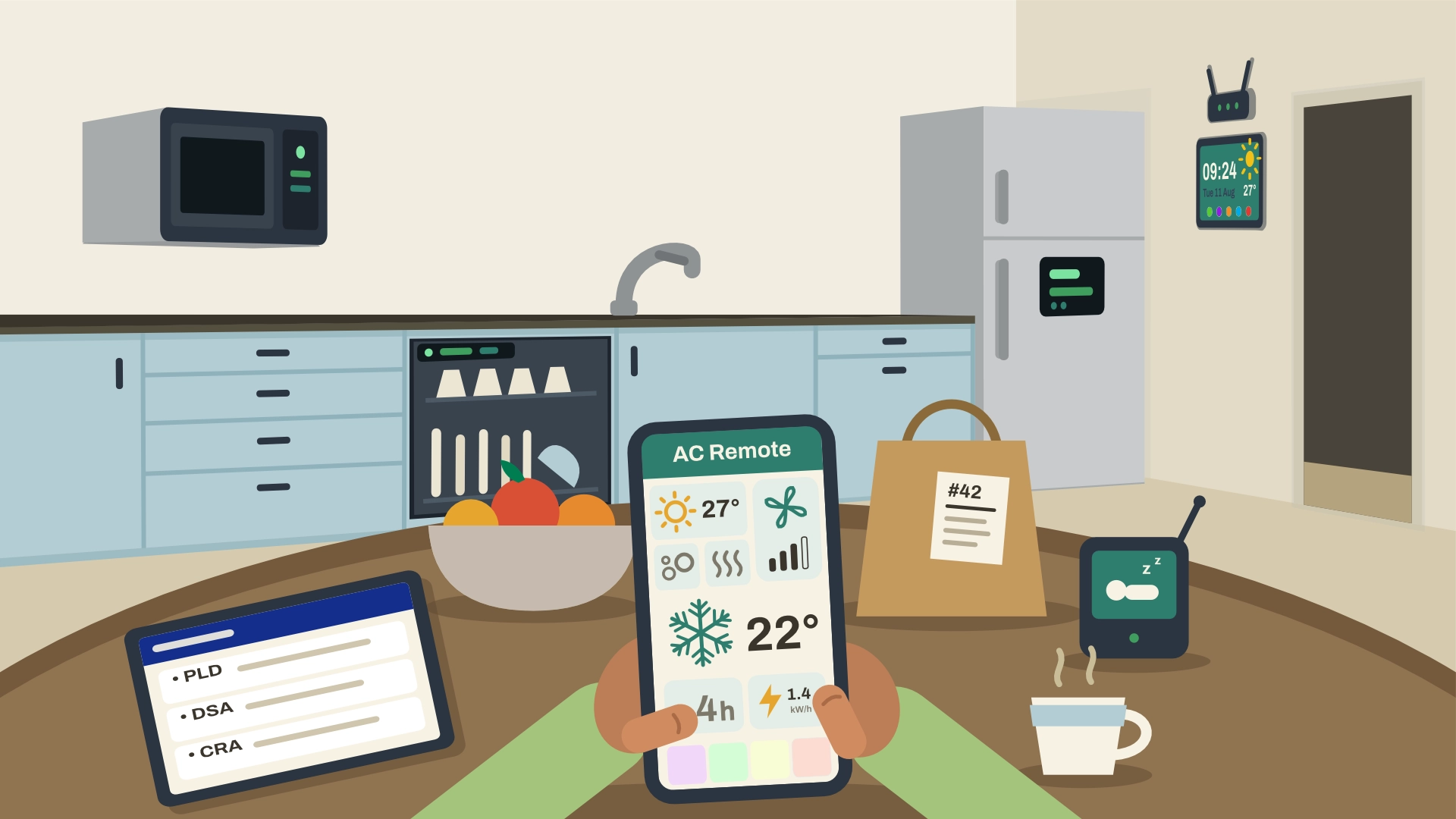 POV: you are sitting in your kitchen with a lot of digital devices around you (phone, tablet, baby monitor, wifi-router, smart wall panel, etc.)